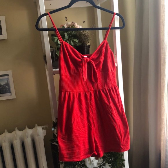 Women's Red Tie Front Ribbed-Knit Romper Cover Up - Picture 3 of 3